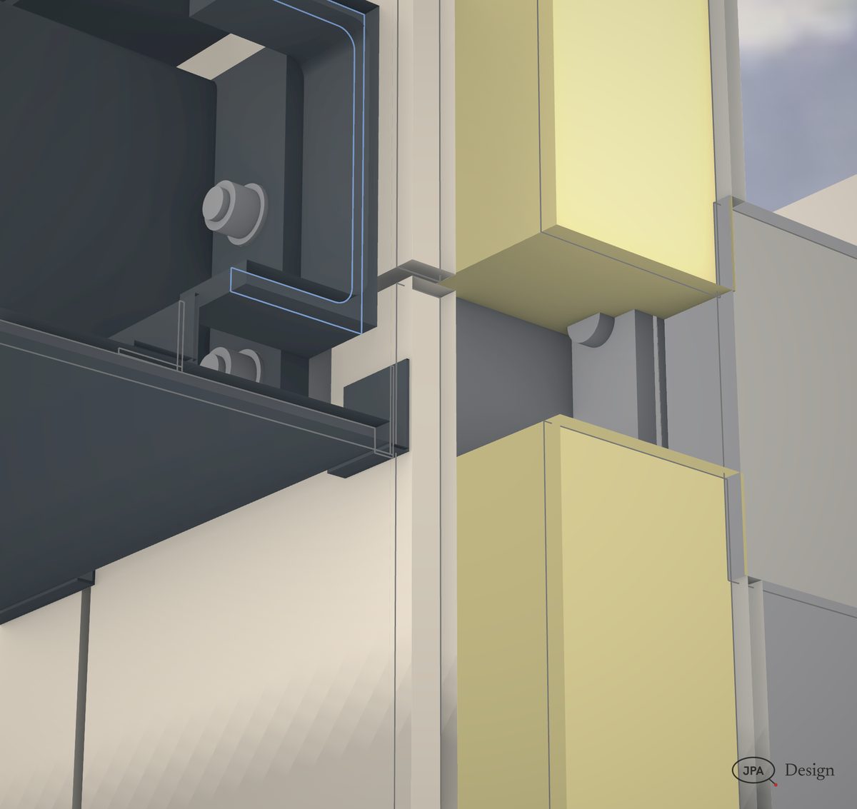 Cut through the frame end: bolts, cleat and the facade build-up behind