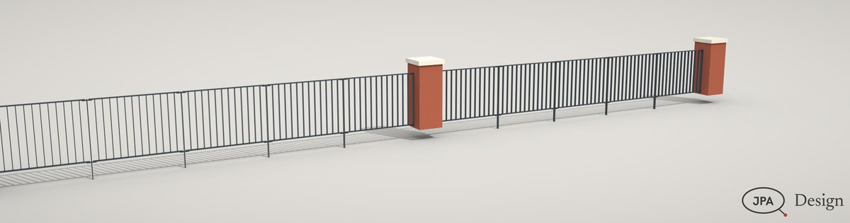 The podium railing between its brick piers, studio