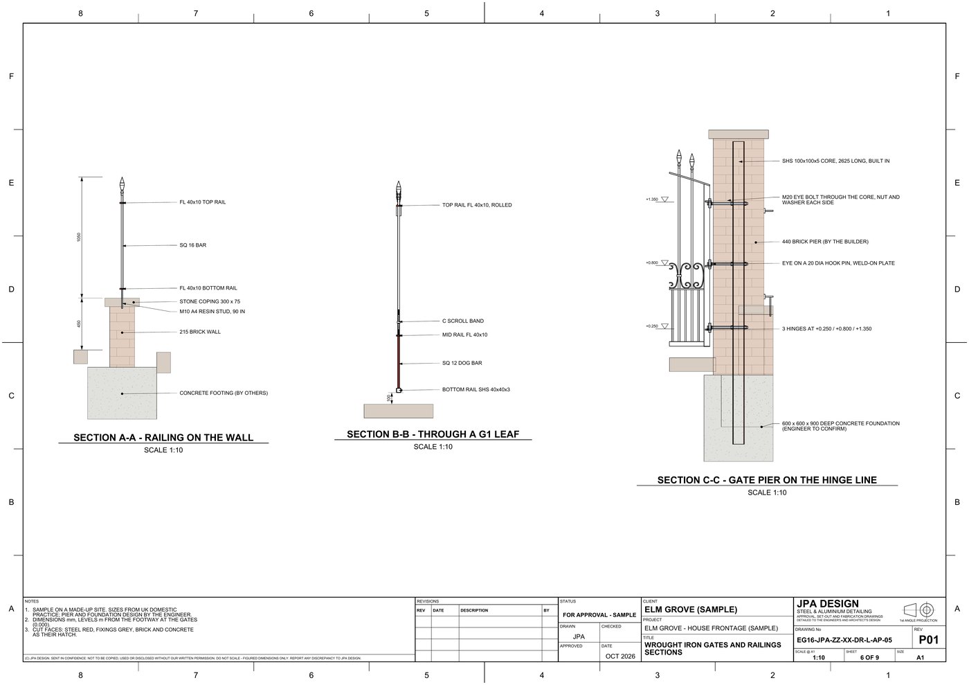 EG16-AP-05 Sections: railing, leaf, gate pier