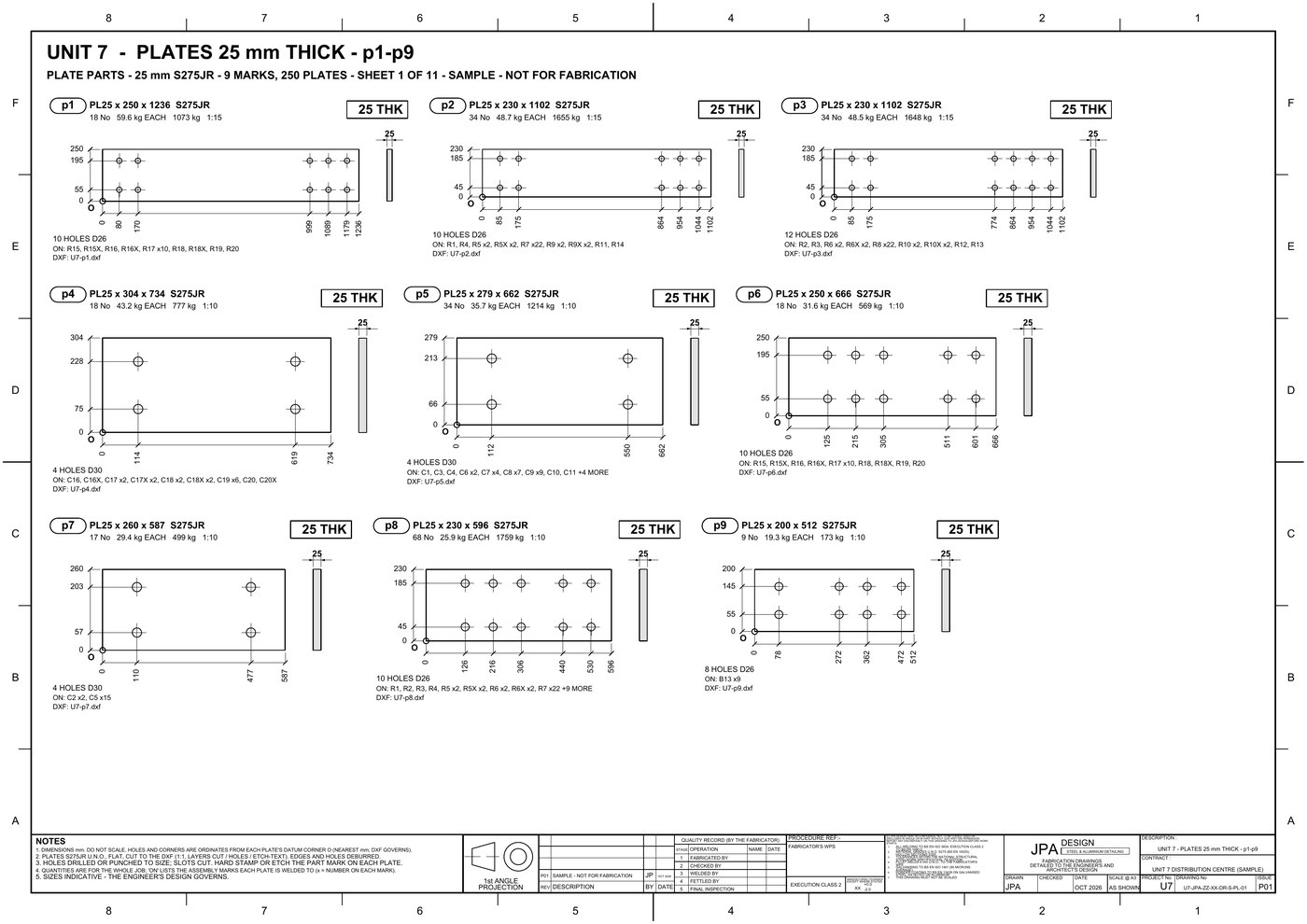 U7-PL-01 Plates 25 mm, true shape, a DXF for each