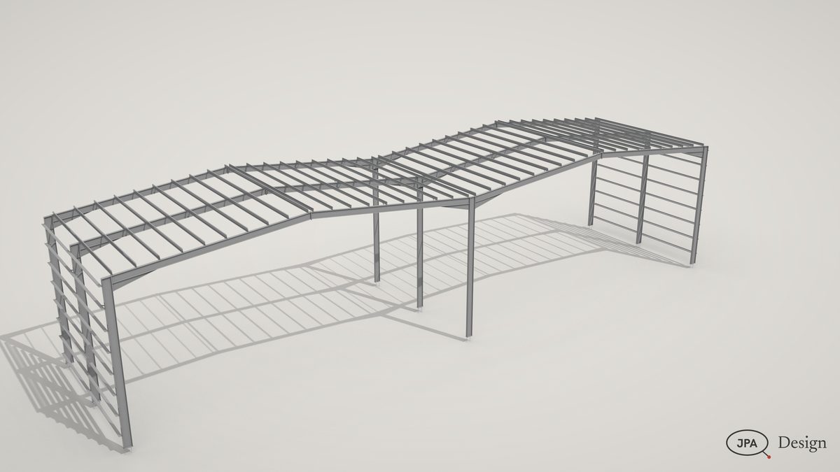 Two bays of the twin-span portal: frames, purlins, rails, bracing, studio